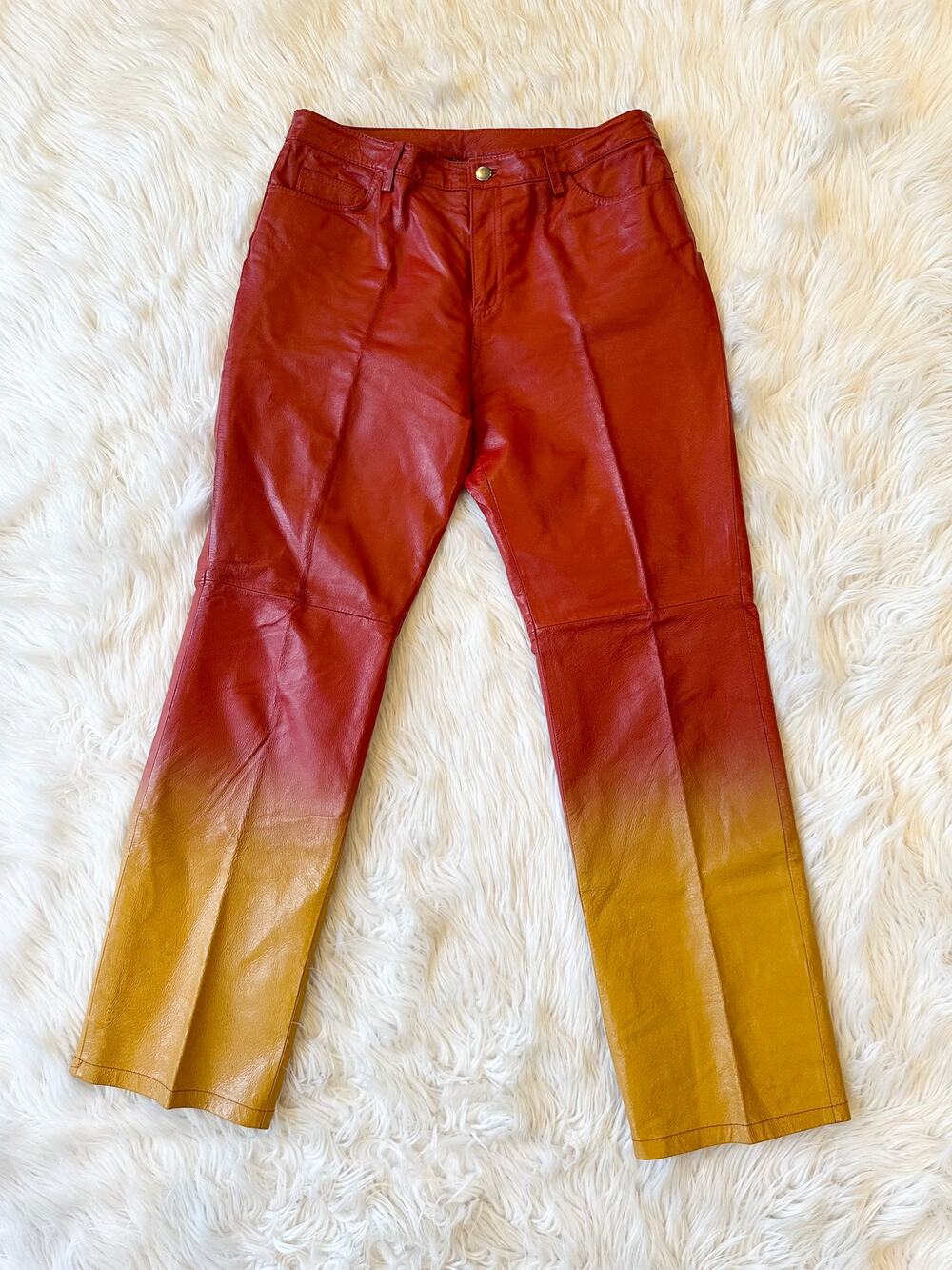 Vintage 90’s Genuine Leather Pants Ombré Red Yellow Straight Leg by Metro Style
